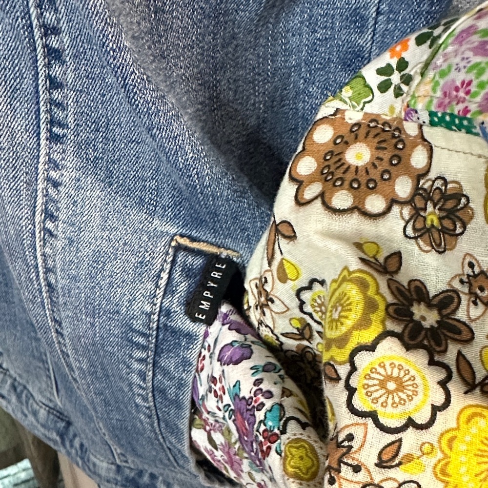 Empyre Blue Denim/hooded Jacket, embellished with patchwork quilted sleeves. - Picture 6 of 9